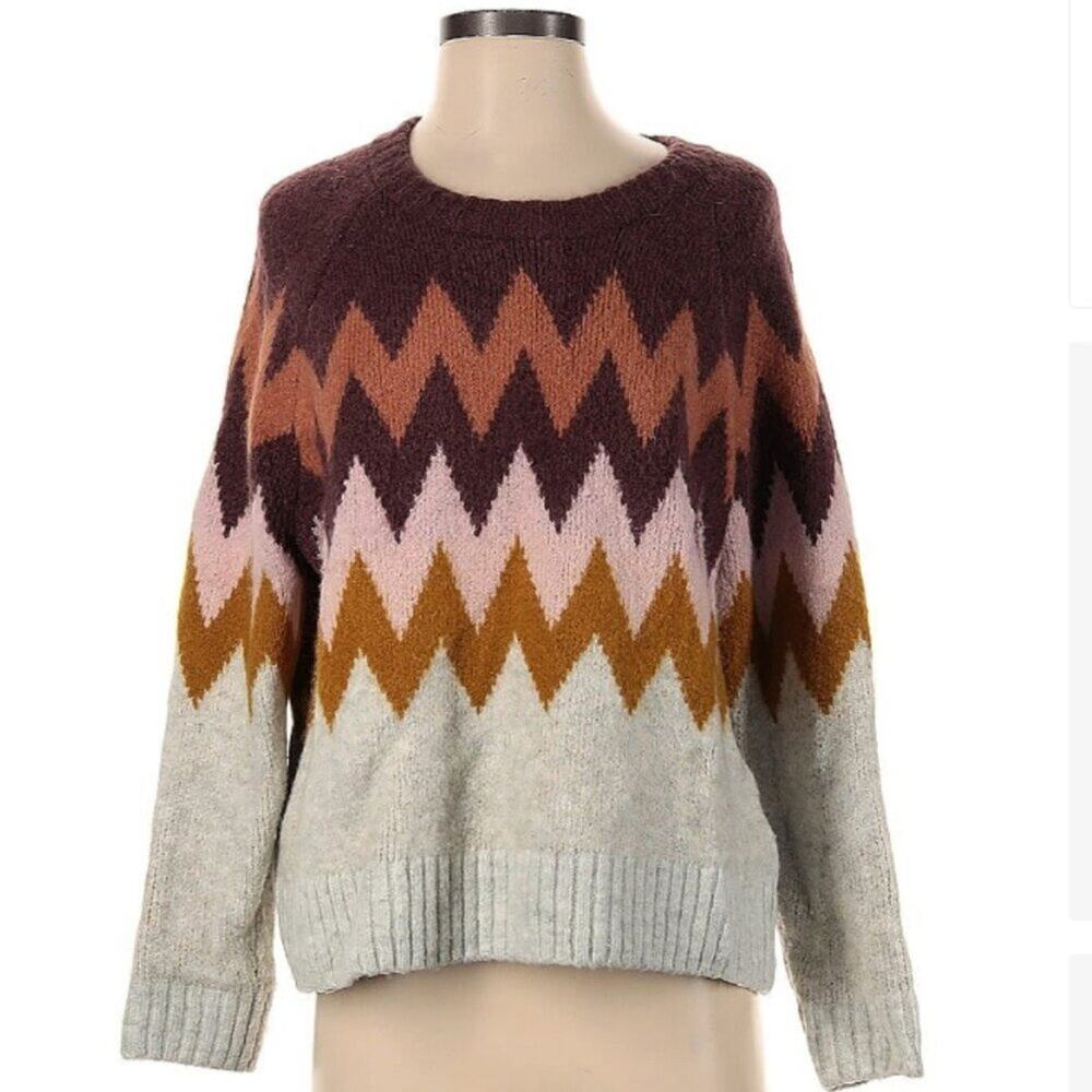 MADEWELL Woman's long sleeve sweater Zig Zag pattern Fall colors